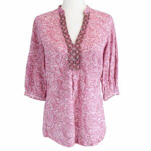 Robert Graham Pink Paisley Blouse Embellished V-Neck | Boho Tunic Top